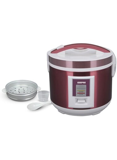 Geepas Stainless Steel Rice Cooker- GRC4328 .5 L Capacity with Non-Stick Inner Pot and Stainless Steel Body  Rice Spoon and Measuring Cup  Red