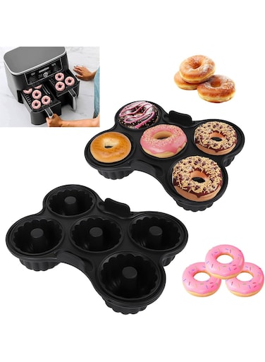 Silicone Donut Pan For Air Fryers , 5 - Cavity Non-Stick Donut Mold, Bagel Maker, Reusable Baking Tray Accessory, Healthy Low-Oil Baked Donuts, Easy Release &amp; Clean , Black, 21*16*5 cm