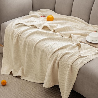 100% Cotton Muslin Blanket Twin Size (165cm x 230cm), 4-Layer Lightweight and Breathable Blanket for Summer, Luxuriously Soft Gauze Bedding for Bed, Natural Minimalism Style, Ideal Gift, Beige