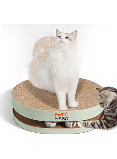 PETPASS Muti-function Cat Scratcher Cardboard Oval Design Durable Cat Scratching Pad with 2 Bell Balls Toy, Durable Curved Corrugated Cat Scratch Pad Bowl for Indoor Kitty Cat