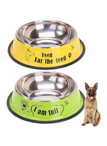 JZS Stainless Steel Dog Bowls, 2 Pcs Non-Skid Dog Feed and Water Bowls, Dog Plate Bowls with Rubber Base for Small/Medium/Large Dogs(Yellow+Green)