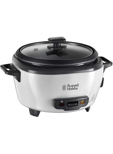 Russell Hobbs (27040GCC) Medium Rice Cooker &amp; Steamer - 2L, Versatile Cooking, Keep Warm, Non-Stick, Glass Lid, White, 500W - 1-Year Warranty