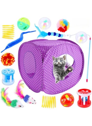 L'EEREYDAS 15 PCS Cat Toy Set, Interactive Cat Toys for Indoor Cats, Kitten Toys Include Tent, Teaser Wand, Fluffy Mouse, Bell Balls, Springs Toys Accessories, Color 2