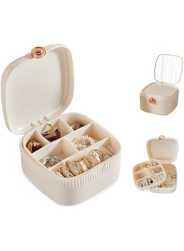 Jemey Jewellery Box for Girls, Double Layer Jewellery Organiser with Mirror, Mini Travel Jewelry Storage Case Ideal Holiday Gift for Girls, Women