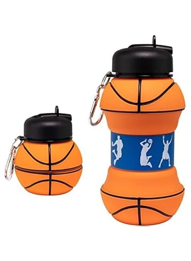 Oasisgalore Water Bottle, Silicone Collapsible Basketball Water Bottle with Keyring for Kids Toddler, Foldable Water Bottle with Carabiner for School Sport Gym Camping Hiking (Basketball)