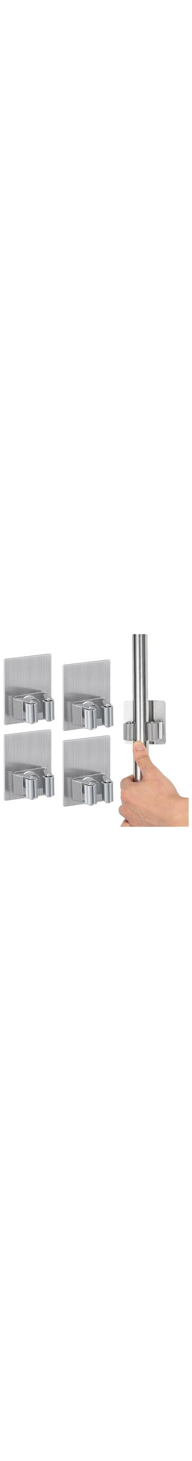 SHOWAY 4 PCS Mop Holder Broom Clips Wall Mount Reusable No Drilling Gripper Super Anti-Slip Self Adhesive Heavy Duty Stainless Steel for Home Office Kitchen Closet Garden Bathroom Wardrobe (Grey)