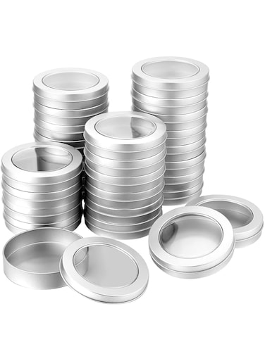 Tazweeq 24 Pack Metal Tin Cans, Round Tin Containers Empty Tin Cans with Clear Top Lid Spice Tin, Round Empty Container Salve Tins, for Kitchen Office Candles Candies and Gifts Holding, Silvery