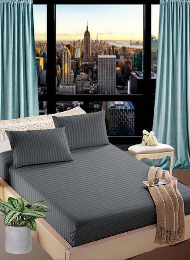 Cloudy Grey Cotton King Striped Fitted Elastic Bedsheet 200x200+35cm