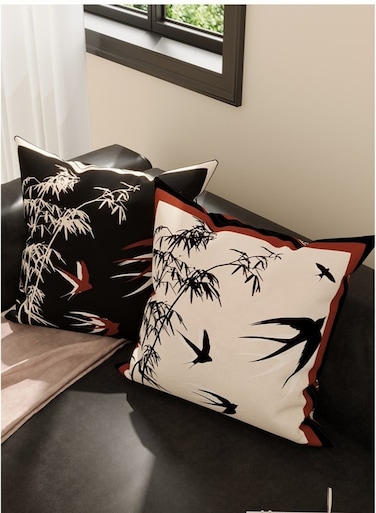 2-Pack Velvet Throw Pillow Covers New Chinese style Square Cushion Case Soft Pillowcases Farmhouse Cushion Covers for Home Decor for Sofa Couch Car Bedroom Indoor Decor Swallow and bamboo pattern(Black and Beige)