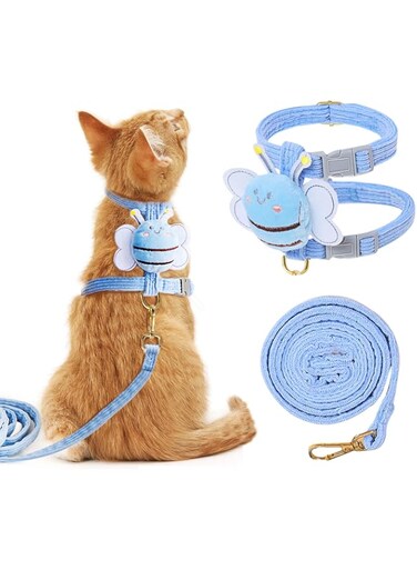 FOCLTD Cat Harness &amp; Leash Set for Outdoor Walking,Escape Proof Cat Harness Set with Cute Bee Design,Adjustable and Comfortable Kitten H-shaped Harness,Suit for Medium/Large Cats,Blue