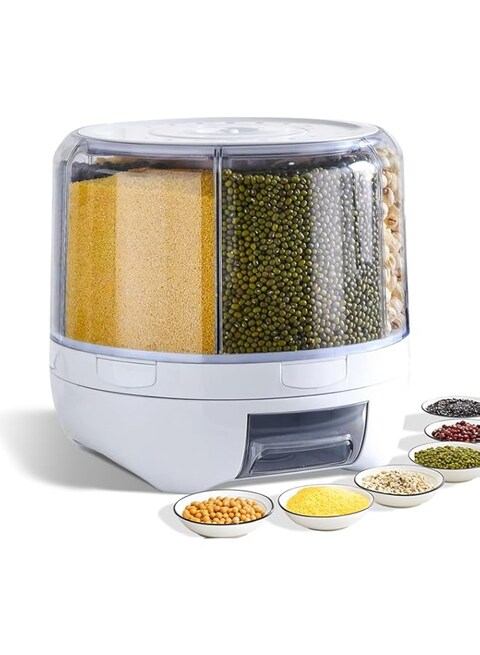 Slow Slog Grain Dispenser, 360&deg; Rotating Storage Container, 6 Grid Food Dispenser with Storage Sealed Lid, Rice Dispenser for Grains, Beans, Rice, Peanut, Barley