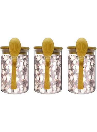 Piscepio Glass Jar Containers with Bamboo Airtight Lid Wooden Spoon Scoop Food Storage Canister Clear Glass Containers Kitchen Organization Jars 3 Pcs 450ML