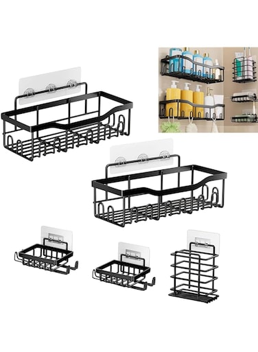 5 Piece Set Wall-Mounted Bathroom Rack Set Self Adhesive No Drilling Bathroom Shelf Wall Mounted Shower Shelves Carbon Steel Shower Shelves For Bathroom, Toilet, Kitchen (Black)