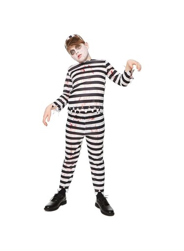 Mad Toys Zombie Prisoner Kids Halloween Cosplay Dress-Up Roleplay Spooky Theme Party Trick or Treat Costume with Hat, Black and White Small 3-4 Years 84567S