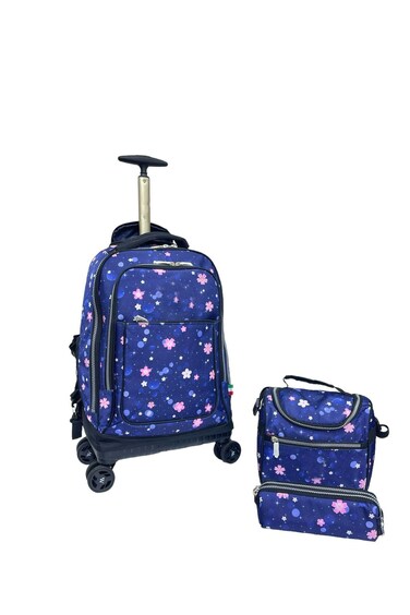 Kids Rolling School Backpack Set, 3-Piece with Lunch Bag and Pencil Case, Spinner Wheels.(Blue Design Print)
