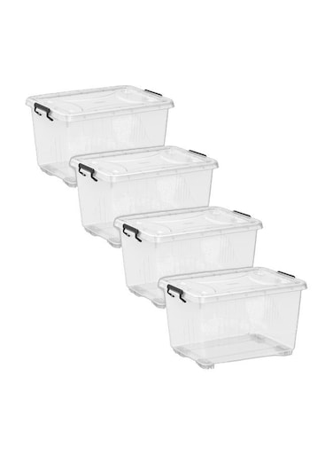 33L Clear Plastic Storage Box With Wheels &amp; Lockable Lid (Pack Of 4)