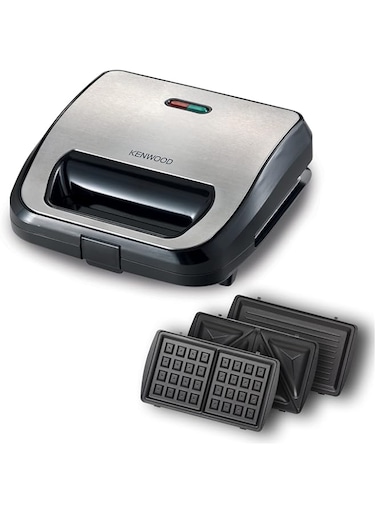 KENWOOD 3-in-1 Sandwich Maker, Waffle Maker &amp; Grill with 3 Sets of Non Stick Multifunctional Plates for Grilling, Toasted Sandwiches and Waffles SMM02.000SI Silver/Black