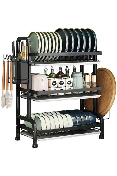 Kitchen Carbon Steel Drain Bowl and Dish Rack Storage Rack with Chopsticks and Chopping Board