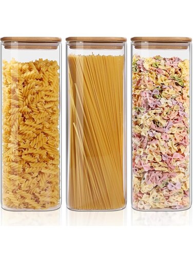 PICCASIO&trade; 3 Pcs Glass Jars, High Borosillicate Cookie Container, Clear Food Storage Canisters Sets for Bean, Spaghetti, Pasta Cereal &amp; Herbs, Airtight Food Containers with Bamboo Lid