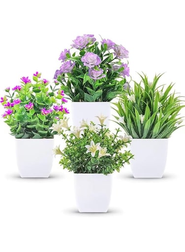 HOOTO 4 Pack Mini Artificial Flowers in Pot, Small Fake Greenery Plants, Faux Plastic Plants for Indoor Home Decor Living Room Bedroom Desktop Bookshelf Decoration Style C