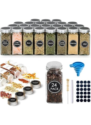 Tycom Spice Jars with Labels for Kitchen Organizing Drawers, 120 ml Glass Jars With Cleaning Brush and Collapsible Funnel,Food Storage jars,24 Pcs with Aluminum Lids
