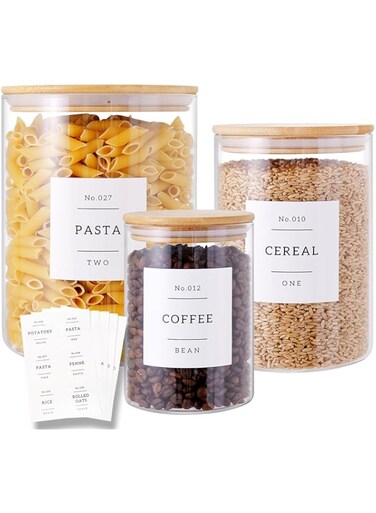 HHMJSM 3 Pcs Glass Canisters with Airtight Bamboo Lids and 42 Kitchen Pantry Labels Preprinted - Clear Glass Flour and Sugar Storage Container Set - Large Glass Jars with Wood Lids(100 OZ/54 OZ/27 OZ)