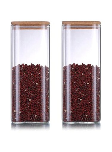 Lushh Square Glass Storage Jar with Air tight Bamboo Lid, Borosilicate Kitchen Food Container Set for Candy Cookie Rice Sugar Flour Pasta Nuts, of 2Pcs 1800 ML