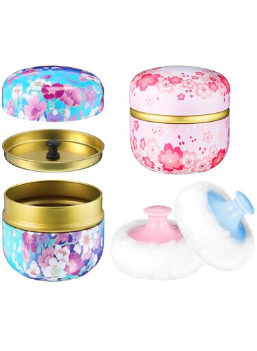 2 Pieces Container and Body Powder Puff, Soft Powder Puffs Loose Powder Tea Container Case Dusting Powder Boxes for Baby Women Home and Travel Use