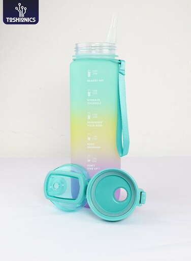 1000ml Motivational Sports Water Bottle with Time Markers, One-Touch Lid, Flip-Top Spout, Integrated Straw, Dual Carry Strap Design and Cute Free Stickers - BPA-Free, Leak-Proof Lid, Eco- Friendly, Plastic, Reusable, Drink Reminder Water Bottle for Adults and Kids in School, Office, Daily Hydration, Gym, Fitness, Outdoor, Sports and Travel, 32oz Bottle