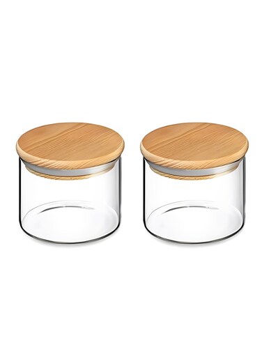 Set of 2 Pcs Premium Borosilicate Glass Canister with Airtight Wooden Lids (450ML)