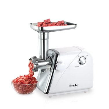 Saachi Meat Grinder NL-MG-967-WH, Electric Meat Mincer with Stainless Steel Blades, Reverse Function, 3 Cutting Plates, Sausage &amp; Kibbeh Attachments, Powerful Motor, Easy Cleaning, Non-Slip Base

