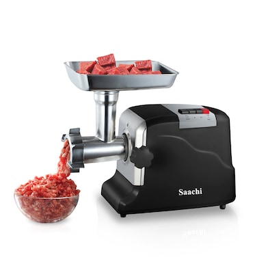 Saachi Meat Grinder NL-MG-968-BK, Electric Meat Mincer with 2 Speeds, Stainless Steel Blades, Metal Hopper, Sausage &amp; Kibbeh Attachments, Powerful Motor, Detachable Tube, Easy Cleaning