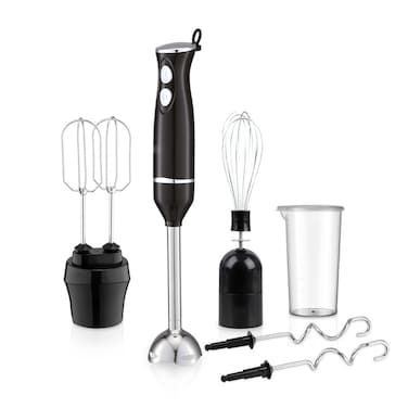 Saachi 5-in-1 Hand Blender NL-CH-4267-BK, 200W Immersion Blender with Whisk, Beater &amp; Dough Hook, 600ml Jar, Stainless Steel Blades, 2-Speed, Removable Shaft