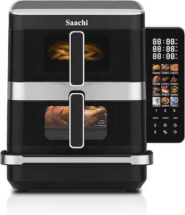 Saachi 12L Dual Zone Air Fryer NL-AF-4797D-BK, 7L+5L Triple Stack, 12 Presets, Touchscreen, Viewing Window &amp; Light, Oil-Free Cooking, 2800W, Non-Stick, Stainless Steel
