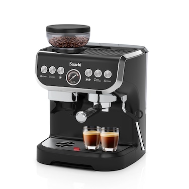 Saachi 19-Bar Espresso Machine with Integrated Conical Burr Grinder, NL-COF-7066CG-BK   Professional Coffee Maker with 2L Water Tank, 1450W, Thermoblock Heating, Pressure Gauge &amp; Steam Wand &ndash; Black