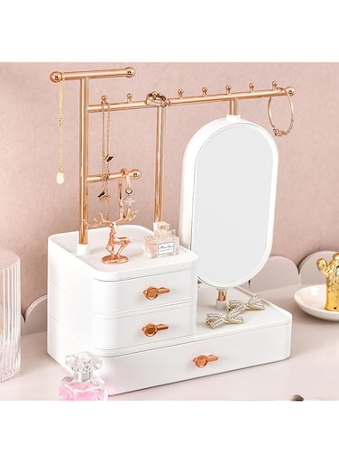 HAENJA Jewelry Holder Organizer with Makeup Mirror, Aesthetic Rings Earring Bracelet Necklace Holder with 3 Layer Drawer, Jewelry Display Stand for Vanity Dresser, Room Decor (White)