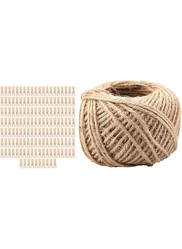 Nurnesy 250pcs Wooden Clothespins Clips with 50m Jute Twine Roll - Suitable for DIY, Crafting, and Home Organization