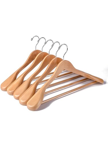Amber Home 5 Pack Natural Wide Shoulder Wooden Suit Coat Hangers with Non Slip Pants Bar, Solid Wood Jacket Clothes Hangers Smooth Finish for Dress, Pants, Heavy Clothes (Natural, 5 Pack)&hellip;