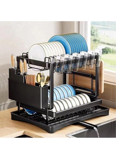 2-Tier Dish Drying Rack with Knife Slots, Dish Racks for Kitchen Counter, Space-Saving Kitchen Organizer, Detachable Capacity Dish Drainer Organizer with Cutlery &amp; Cup Holder (Black)