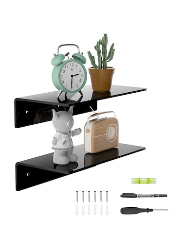 Sezanrpt 30 cm Small Black Wall Shelves, Set of 2, Acrylic Floating Shelf for Wall, Wall Mounted Display Shelf for Bedroom, Living Room, Funko Pop Shelves, Smart Speaker