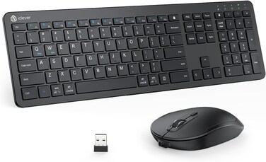 iClever GK08 Wireless Keyboard and Mouse Combo - Full-Size Ergonomic Keyboard with Number Pad, 2.4G USB, Quiet Click, 3-Level DPI, Rechargeable, Slim Design for Windows/Mac (Black)
