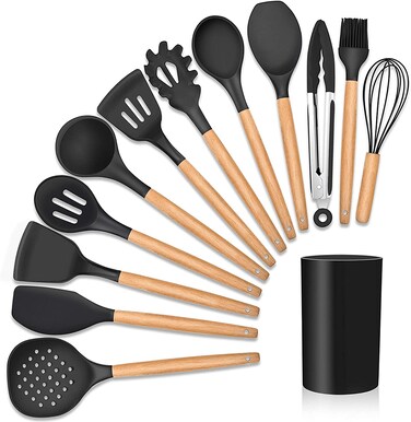 Marrkhor Kitchen Utensils Silicone 11-Pieces Spatula Set with Organizer Cup Holder, Non-Stick Non-Toxic Cooking Tools Includes Tongs, Spatula, Turner, Ladle and More (Black)