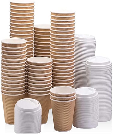 Marrkhor 8 oz. Brown Disposable Ripple Insulated Coffee Cups with Lids - Hot Beverage Corrugated Paper Cups