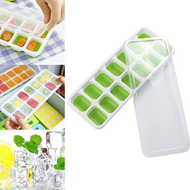 Marrkhor 1 Pc Covered Ice Cube Tray Set With 14 Ice Cubes Molds Flexible Rubber Plastic