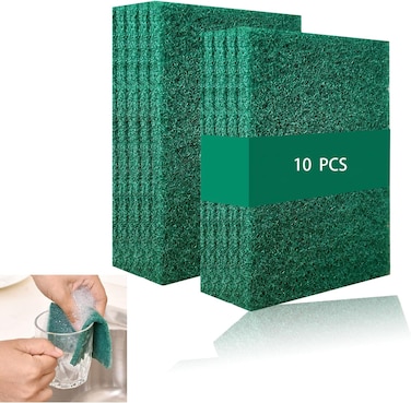 Marrkhor 10-Piece Heavy Duty Scour Pads Sponge Dish Scrubber Non-Scratch Green Reusable Household Scrub Pads for Kitchen and Dish Cleaning Tool