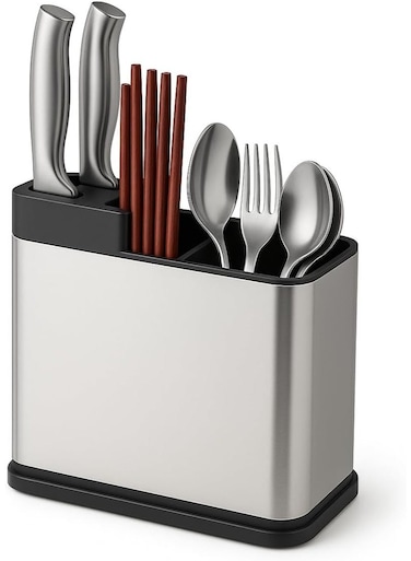 Multifunctional Knife Holder with Drainboard &acirc;&euro;&ldquo; Kitchen Utensil Caddy for Knives, Forks, Spoons &acirc;&euro;&ldquo; Fingerprint-Proof 430 Stainless Steel Knife Block, Silver