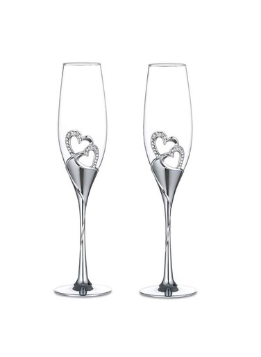 Wedding Champagne Glass Set Sliver Toasting Flute Glasses Deluxe with Rhinestone Rimmed Hearts Decoration for Wedding, Anniversary and Special Occasions