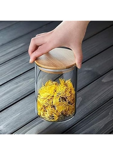 Mash 1-Piece Kitchen Food Storage Round Glass Canister Jar With Airtight Bamboo Lid For Cereals, Pasta, Tea, Coffee, Snacks, And Spices - 500 ML Transparent