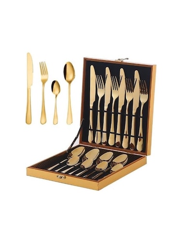 Luxury Gold Stainless Steel Cutlery Set 16-Piece Flatware Set in Golden Gift Box &acirc;&euro;&ldquo; Premium Silverware Set for 4 Dishwasher Safe, Modern Tableware for Home, Parties, or Gifting (16)