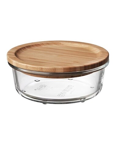 container with lid, round glass/bamboo400 ml